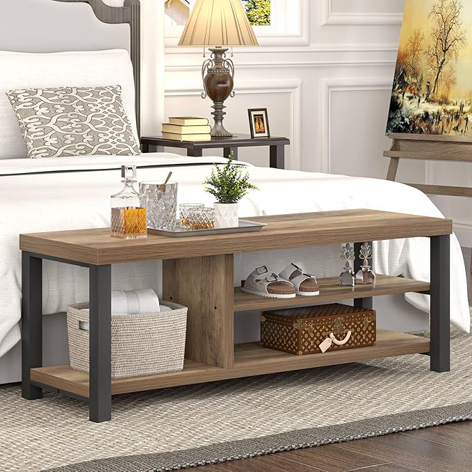 FOLUBAN Shoe Storage Bench, Industrial Entryway Bench, Modern Indoor Wood and Metal Shoe Rack Bench Seat for Bedroom, Hallway, Living Room, Rustic Oak, 47 Inch