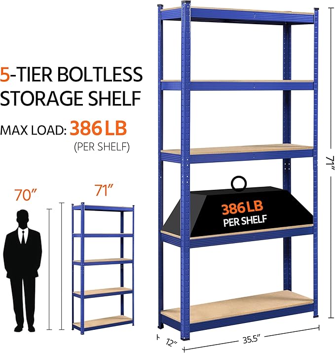 Yaheetech Standing Shelf Units, 5 Tier Storage Shelf, Heavy Duty Shelving, Adjustable Garage Shelves, Utility Rack Shelf Unit, Basement Warehouse Shed, 35.5″W× 12″D × 71″H - Blue