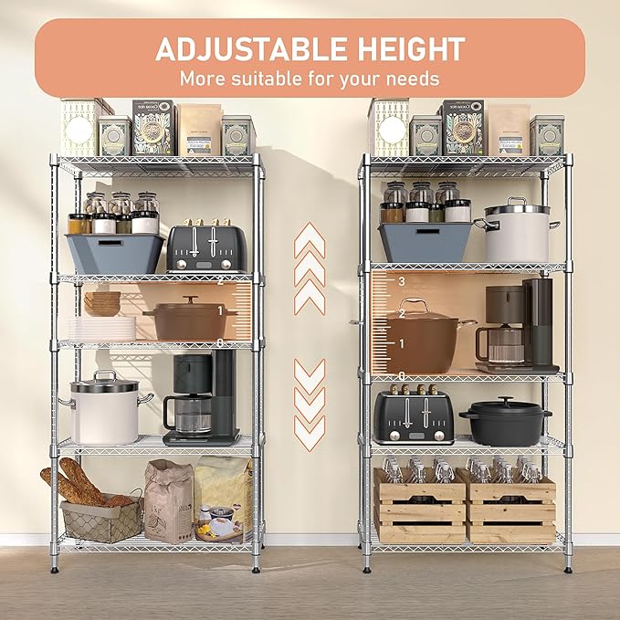 MZG 1750 lbs 5 Tier Storage Rack Metal Wire Shelving Unit, Storage Standing Household Shelf Organizer for Kitchen Pantry Closet Garage Basement Utility Room, Chrome 15.8" D x 45.3" W x 70.4" H