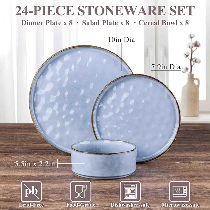Herogo Dinnerware Sets for 8, 24 Pieces Ceramic Dishware for Kitchen Dinning, Stoneware Plates and Bowls Sets, Dishwasher & Microwave Safe, Haze Blue