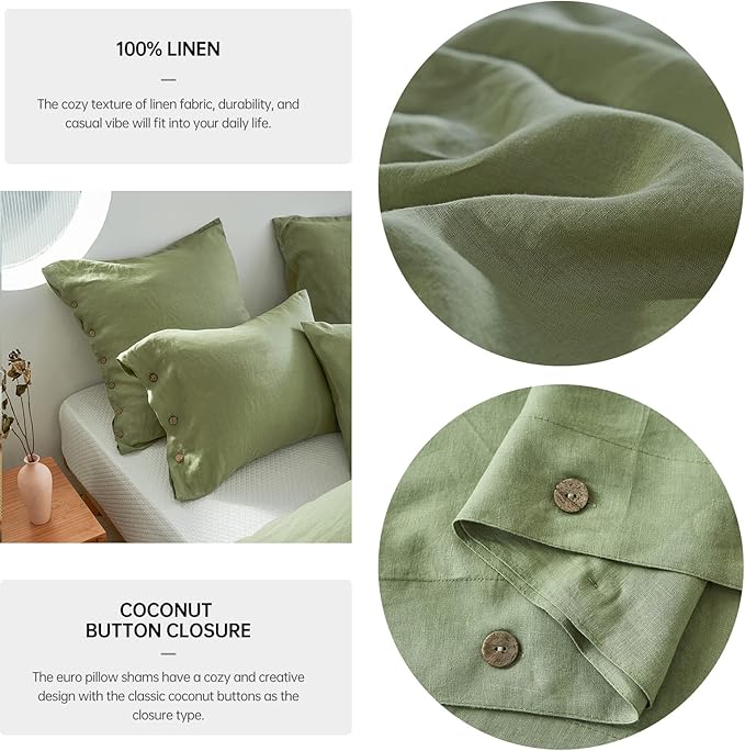 Simple&Opulence 100% Washed Linen Euro Sham Cover, 26 x 26 Inch, Decorative Bed Pillow Cover with Coconut Button, Solid Color Pillow Shams Set of 2 (Sage Green)