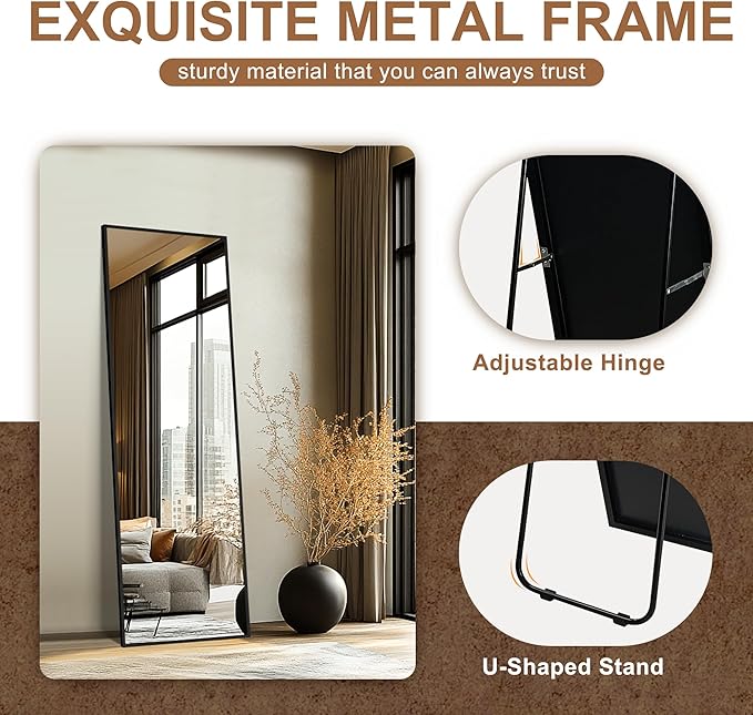 Delma Full Length Standing Mirror,Large Floor Mirror with Aluminum Frame for Bedroom, Bathroom, Living Room,Wall Mount or Freestanding Design(with Stand,Rect 69x24-Black)