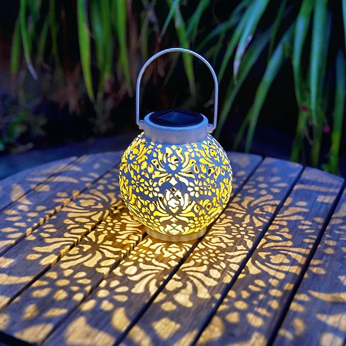 Outdoor Solar Hanging Lantern Lights Metal LED Decorative Lamp for Garden Patio Courtyard Lawn and Table with Hollowed-Out Design (White)