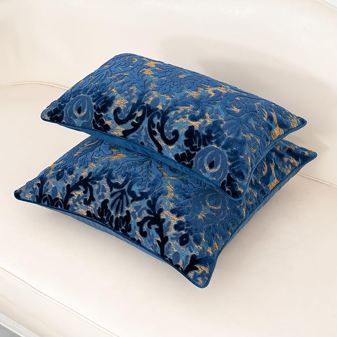 Alerfa Boho Blue Floral Throw Pillow Cover 20x20 Inch Cut Velvet Sqaure Luxury Embroidered Decorative Pillow Cover for Couch Living Room Bedroom