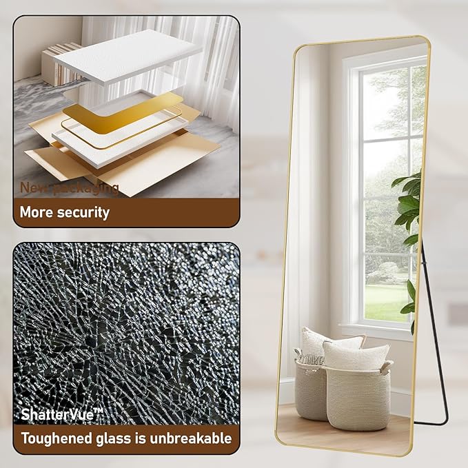 BEAUTYPEAK Gold Full Length Mirror, 65"x24" Rounded Corner Floor Mirror Standing Hanging or Leaning Against Wall, Suitable for Bedroom or Dressing Room