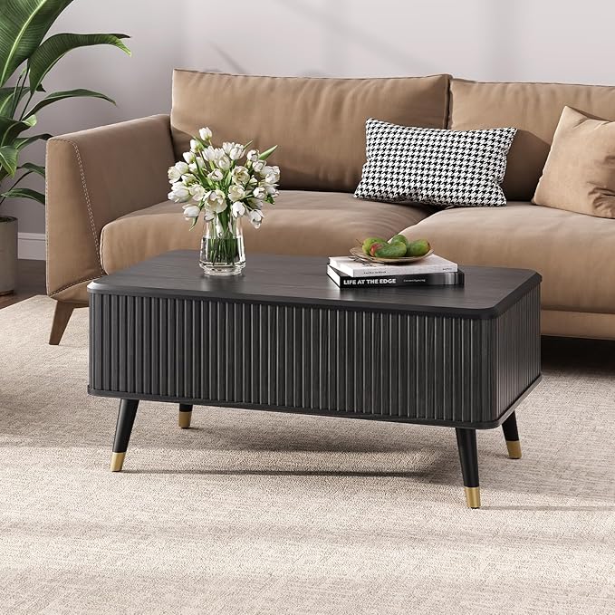 Lift Top Coffee Table with Storage,Mid Century Modern Coffee Table,Fluted Wood Rectangle Center Table for Living Room,Home Office,Black