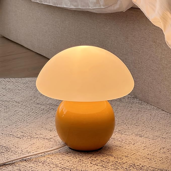 Mushroom Lamp Ceramic Base,Yellow Cute 70s Mid Century Modern Decor Lamp for Bedroom,Small Abstract Table Bedside Glass Mood Coze Fun Warm Light