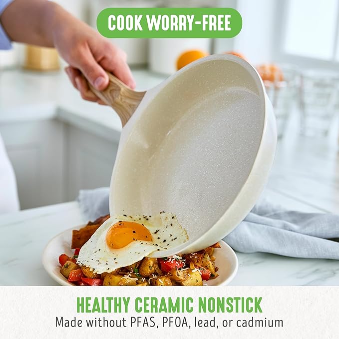 GreenLife Nonstick 2 Piece Frying Pan Set, 9.5" & 11" Skillets Ceramic PFAS-Free Nontoxic, Induction Suitable, Wood Print Handles, Stay-Cool Handles, Deep Cooking Skillets, Egg Pan, Granite Cream
