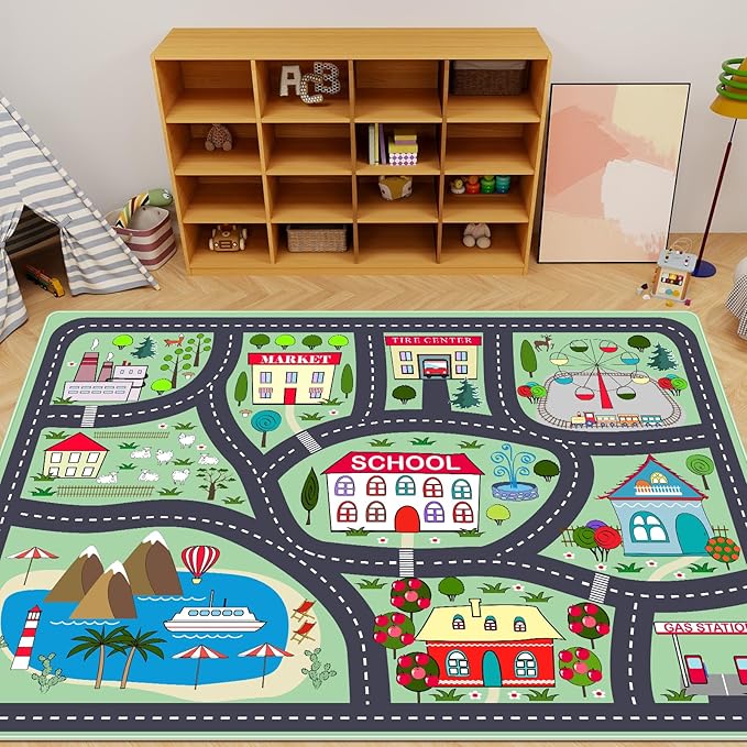 Kids Playmat Car Rug, Kids Play Rugs Town City Road Map Rug, Large Educational Car Mat, Boys Track Play Mat, Kid Rugs for Playroom Bedroom Living Room (Style 2, 59X 39.4 INCH)