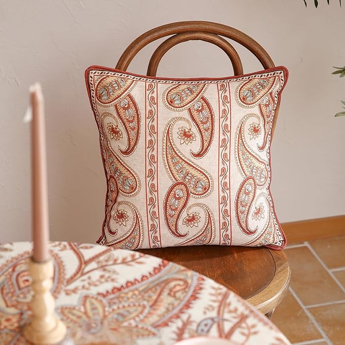 Design Linen Classic Vintage Throw Pillow Covers 18"x18" Pack of 2, Square Cushion Covers with Orange Yellow Paisley Style Pattern Decoration Pillowcases for Bed,Living Room,Outdoor,Car