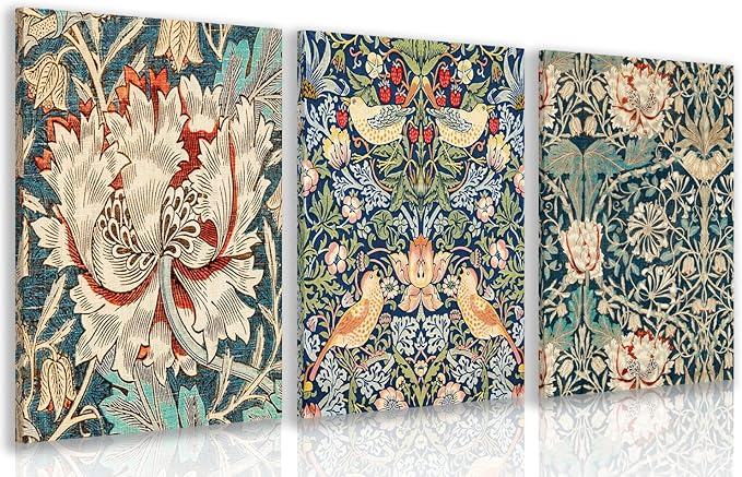 FASWQ Framed William Morris Wall Art, Nouveau Vintage Botanical Wall Decor, Retro Intricate Floral Animal Canvas Painting, Retro Natural Flower Bird Poster Prints for Living Room Bedroom 16"x24"x3