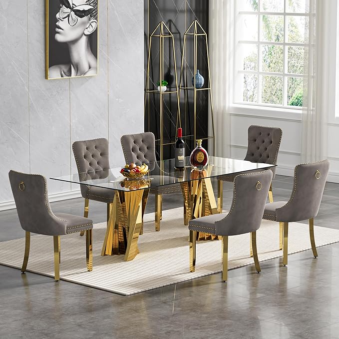 Goujxcy Modern 7 Piece Glass Dining Table Set Luxury Glass Kitchen Table and Chair Set for 6, 70" Large Rectangular Dining Room Table with 6 Tufted Chairs and Stainless Steel Legs (Gold & Grey)