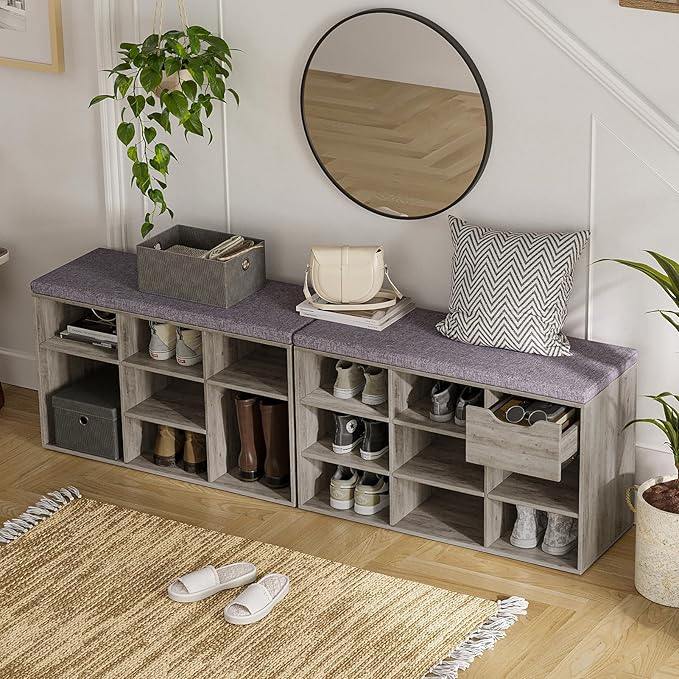 DINZI LVJ Shoe Bench, 9 Cubbies Shoe Organizer for Entryway, Storage Bench with Cushion, Cubby Shoe Rack with Adjustable Shelves for Living Room, Bedroom, Mudroom, Hallway, Gray Wash
