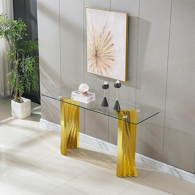 Goujxcy Modern Glass Console Table 55" Gold Entryway Table with Tempered Glass Top and Mirror Finish Stainless Steel Legs, Luxury Rectangular Sofa Table for Living Room Hallway Corridor Table (Gold)