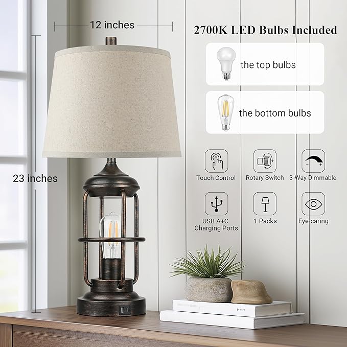 QiMH Table Lamp for Living Room with USB A+C Ports, Farmhouse Bedside Lamp with Nightlight, 3-Way Dimmable Touch Control, Retro Industrial Nightstand Lamp for Bedroom, Bulbs Included, Bronze