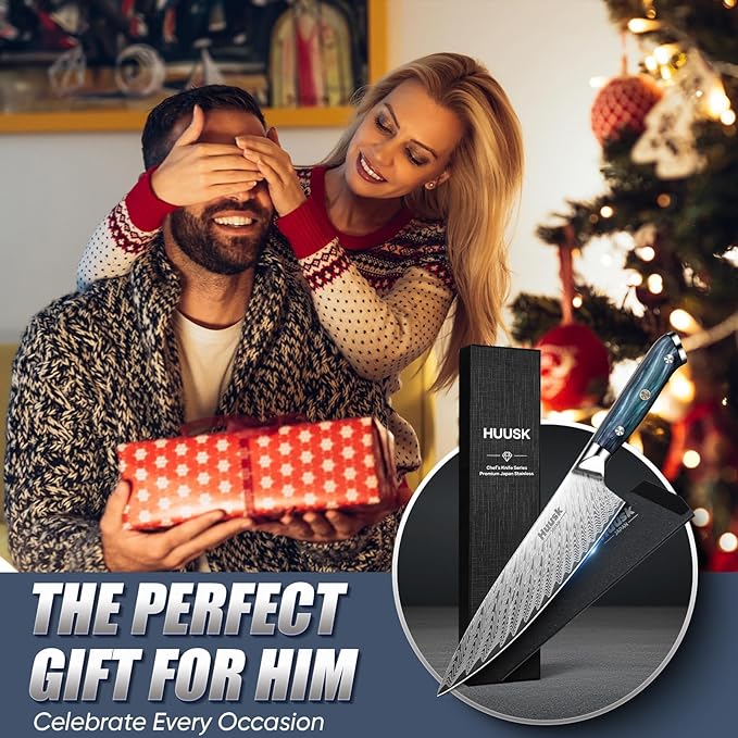 Huusk 8" Chef Knife, Stainless Japanese Kitchen Knife with Ergonomic Resin Handle & Sheath, Sharp Kitchen Knives Full Tang, Japanese High Carbon Steel Cooking Knifes, Father's Day Gifts for Dad