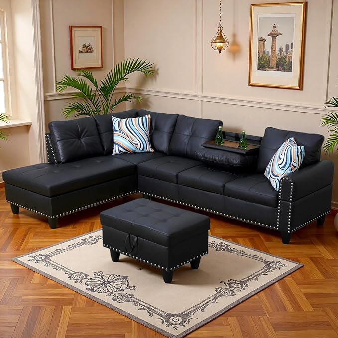 Leather 3-Piece L-Shaped Couches for Living Room, Sectional Sofa with Storage Ottoman & Movable Chaise, Modular Convertible Couch for Bedroom & Apartment, Deep Black