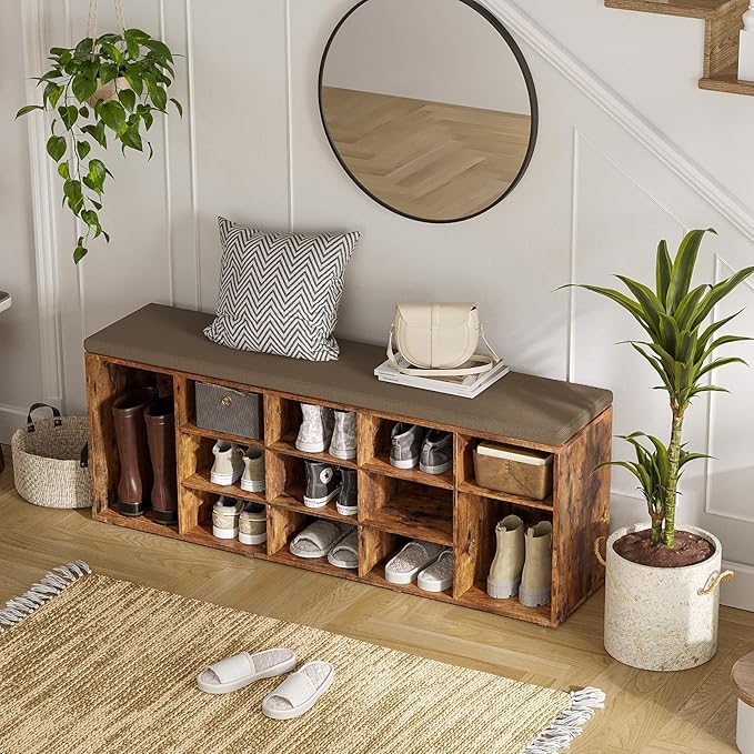 DINZI LVJ Shoe Storage Bench with Cushion, 13-Cubby Shoe Rack, Adjustable Shelves, Multifunctional Shoe Organizer Bench for Entryway, Mudroom, Hallway, Living Room, Bedroom and Garage, Rustic Brown