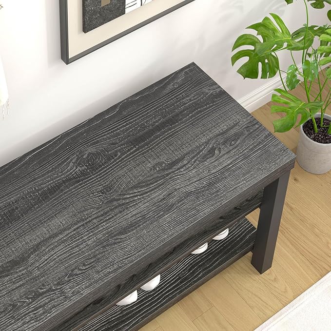 FOLUBAN Entryway Bench, Rustic Wood Shoe Storage Bench for Hallway Front Door Entrance, Industrial Indoor Bench for Bedroom Living Room, Dark Gray, 43.3 Inch