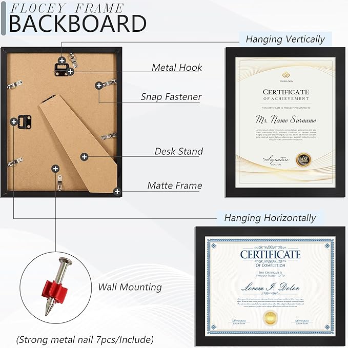 8.5x11 Picture Frame set of 6, Multi Certificate 8.5 by 11 Picture Frames Bulk, Document Diploma Award Frame for Wall Hanging or Tabletop Display, Black
