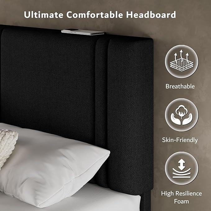 iPormis Full Platform Bed Frame with Fabric Upholstered Headboard & Thickened Legs, Mattress Foundation with Solid Wooden Slats Support, No Box Spring Needed, Noise Free, Black