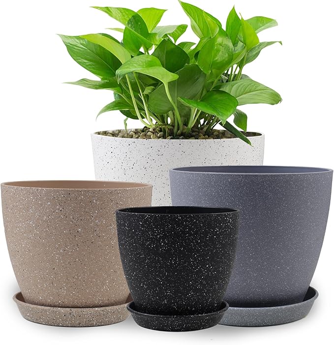 Plant Pots 8.5/7.5/6.5/6 inch, 4 Pack Pot for Indoor Plants, Modern Decorative Plastic Planters with Drainage Holes and Saucers for House Plants Indoor Outdoor Flower Plants