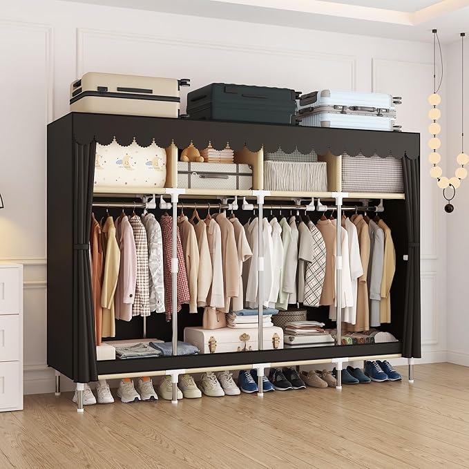 Portable Wardrobe Closet Durable and Easy to Assemble Heavy Duty Clothes Rack with Non-Woven Cover Fabric Best for Bedroom and Easy Storage and Organization (Brown-B)