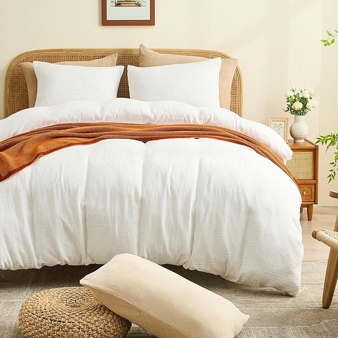 MEISHANG Muslin Duvet Cover Queen Size - 100% Organic Cotton, Soft Textured Gauze Weave Comforter Cover for Breathable All-Season with Zipper Closure - 3 Piece Set (Queen, White)