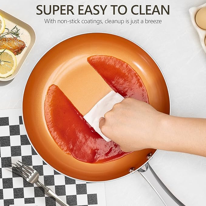 MICHELANGELO 12 Inch Frying Pan with Lid, Nonstick Copper Frying Pan, Non Stick Ceramic Skillet with Lid, Large Copper Pan Non-Stick, Induction Compatible