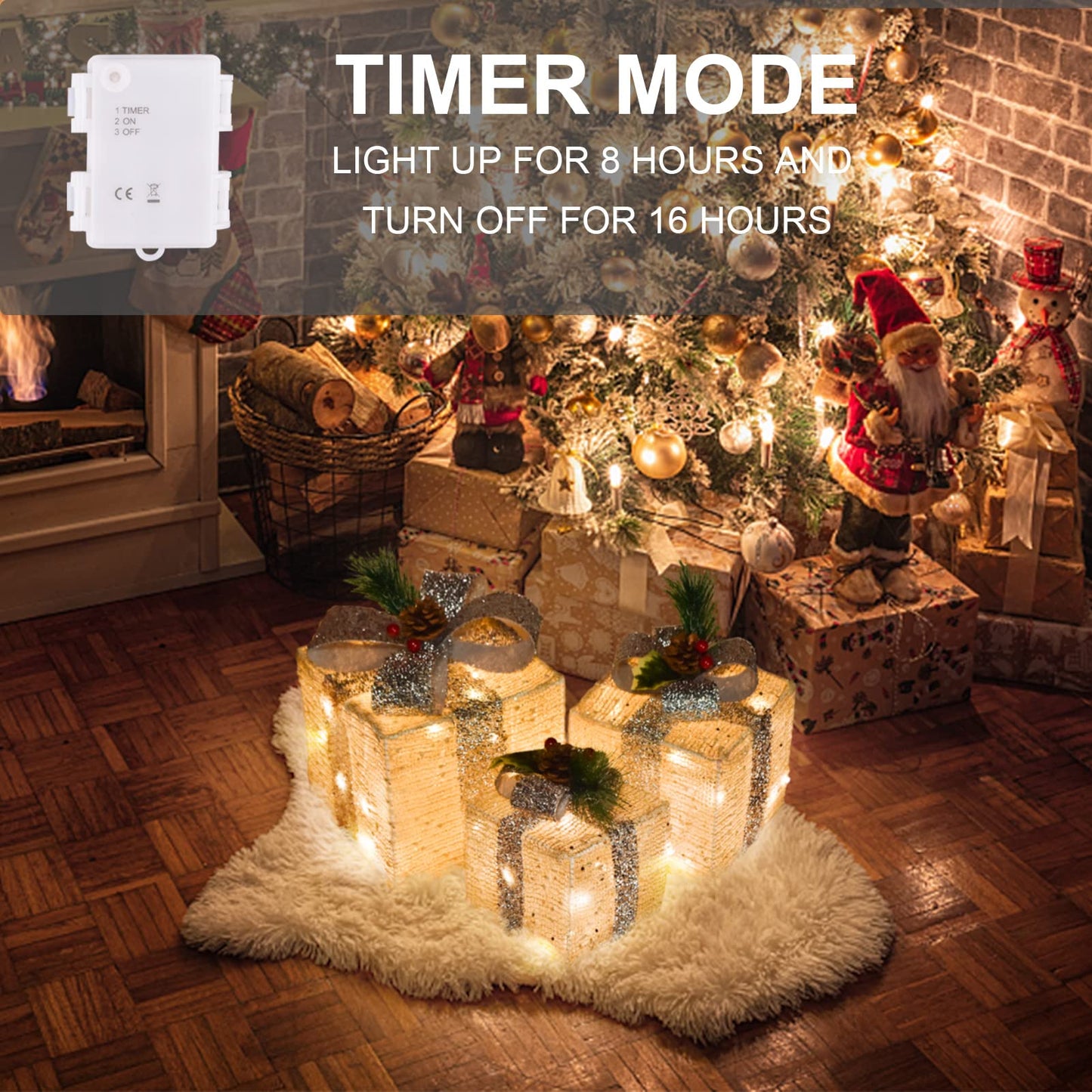 COVFEVER Christmas Lighted Gift Boxes, Pre-lit Lights Gold Linen Cloth Gift Boxes, Light up Present Boxes Set Battery Operated with Different Sizes for Holiday Indoor Outdoor Decorations (Gold Liene)