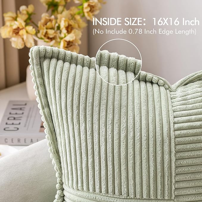 MIULEE Decorative Throw Pillow Covers for Couch Bed Livingroom 16x16 Inch Set of 2 Light Green Boho Accent Throw Pllows Broadside Striped Patchwork Soft Corduroy Summer Pillowcases