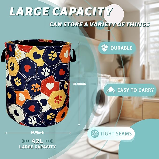 Colorful Dog Paws Hearts Laundry Basket Foldable With Handles Funny Tote Bag Oxford Cloth Animal Laundry Hamper 18.9"x16.5 "Clothe Storage Bucket Toy Organizer For Bathroom/Laundry/Bedroom