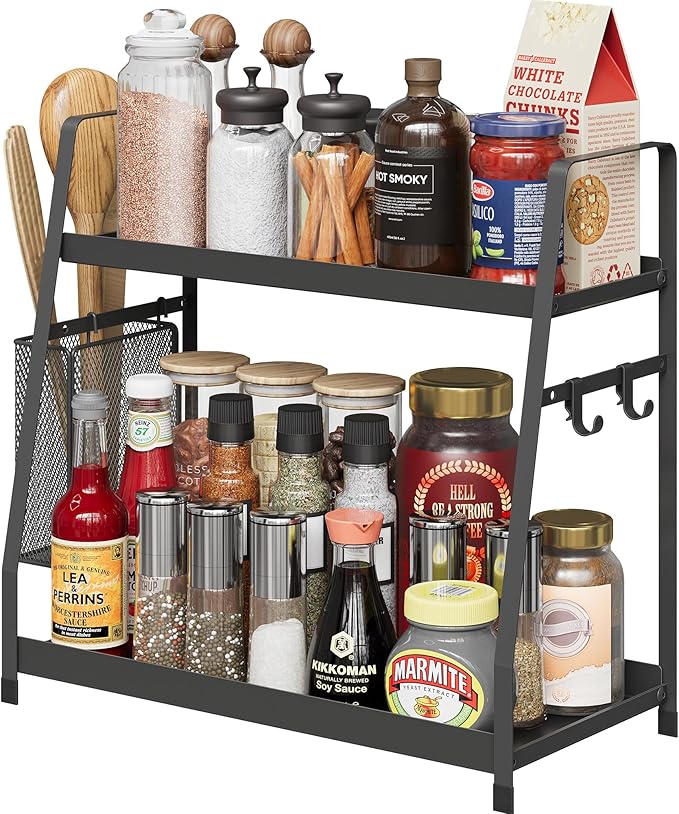 OROPY 2 Tier Spice Rack for Countertop, Metal Standing Kitchen Storage Organizer Shelf, Counter Shelf for Cabinet,Pantry,Bathroom,Bedroom, with Hanging Basket
