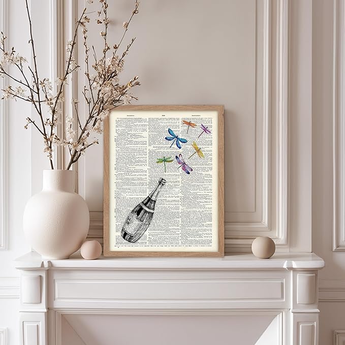 Poster Master Dictionary Art Poster - Champagne Bottle Print - Dragonfly Art - Alcohol Art - Gift for Men, Women & Bartender - Great Decor for Bar, Kitchen or Restaurant, 8x10 Beige Framed