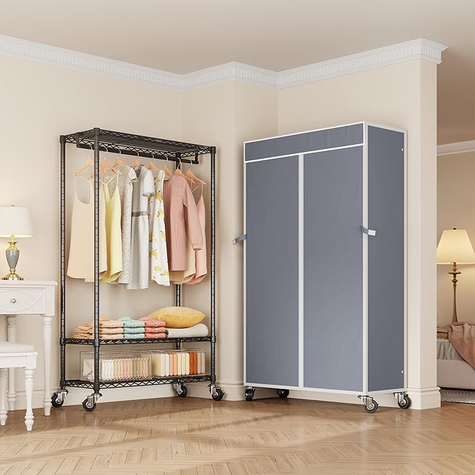 H4 Heavy Duty Clothes Rack with Cover, Rolling Garment Rack, Wardrobe with Cover and Wheels, Closet Organizer Shelf, Portable Closet Organizer and Storage, Black Clothing Rack with Grey Cover