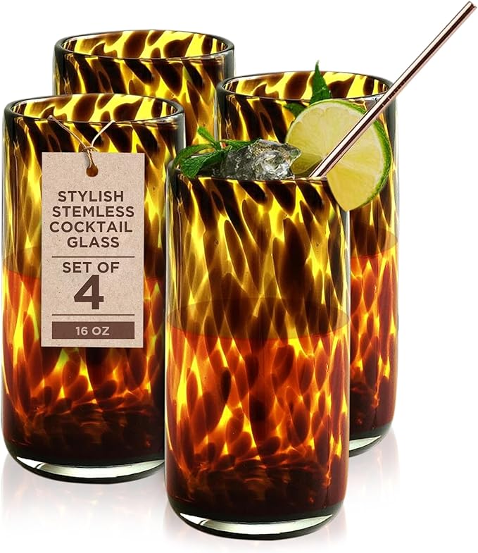 IMPULSE! Tortoise Leopard Print Brown 16 oz. Highball Rocks Glasses, Set of 4 - Stylish Stemless Cocktail Cups Glass - Ideal Glassware Tumbler for Gin, Tequila, Vodka, Soft Drinks