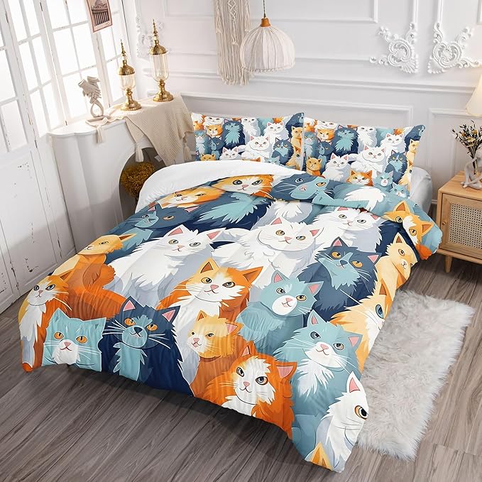 Kids Comforter Set Cute Cats Printed Pattern Bedding Set with 1 Comforter and 2 Pillowcases for Girls Boys Bedroom All Season(Cat Full)