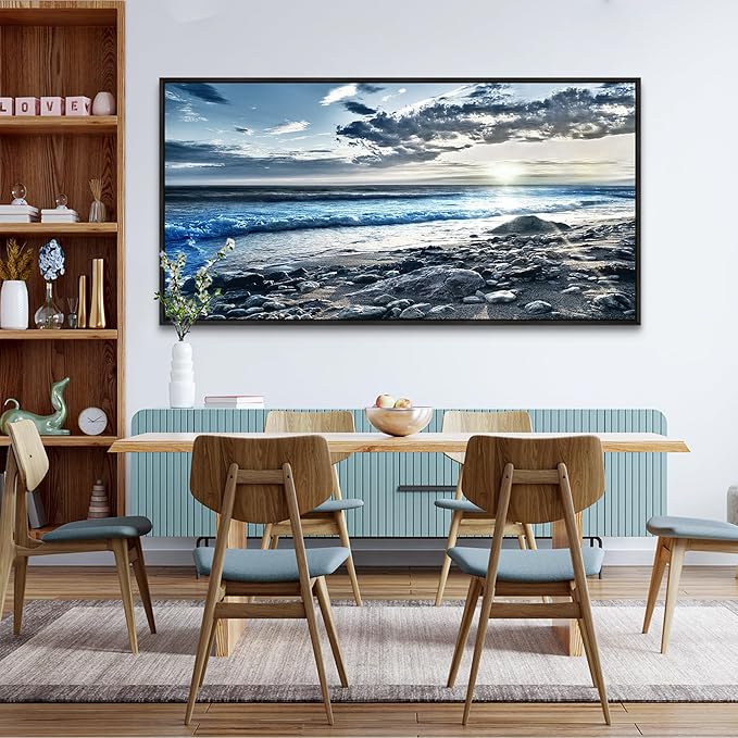 Wapluam Wall Decorations For Living Room Large Canvas Prints Wall Art For Bedroom Office Wall Decor Scenery Wall Painting Blue Sea Pictures Artwork For Fashion Black Framed Beach Posters Home Decor