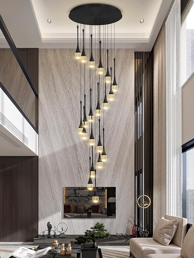 138'' Modern Chandelier,20-Lights Black Modern Pendant Light Fixture Staircase Large Chandelier Lobby Living Room Bedroom Foyer High Ceiling Chandelier