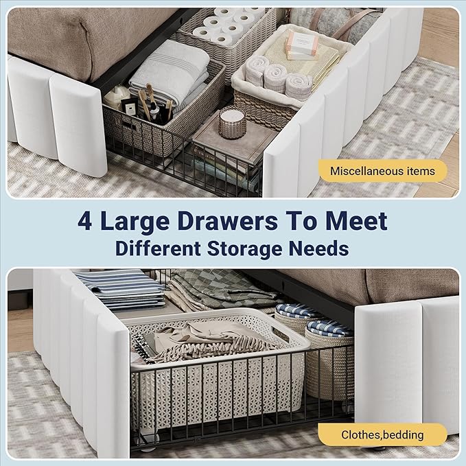 Allewie Full Size Platform Bed Frame with 4 Large Storage Drawers, Velvet Vertical Channel Tufted Upholstered Bed Base, Wooden Slats Support, Noise-Free, No Box Spring Needed, Easy Assembly, White