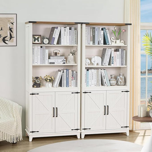 5 Tier Bookshelf 70in Tall Bookcase with Barn Doors and Storage Cabinet, White Farmhouse Book Shelf with Adjustable Shelves, Wood Freestanding Display Bookshelves for Bedroom, Kitchen (2PCS)
