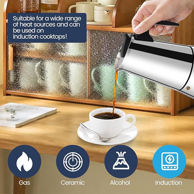 12 Cup Moka Pot Stainless Steel 600ml Italian Espresso Coffee Maker Stovetop CoffeeMakers Mocha Pot Percolator for Induction Stove Classic Cafe Makers Portable for Easy Brewing Tummy