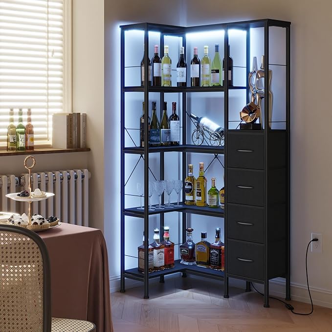 Corner Bookshelf with LED Light Strips & 4 Fabric Drawers, 5-Tier Convertible Corner Shelf with Display Shelf, Large Wood Industrial Bookcase for Living Room, Bedroom, Home Office, Black