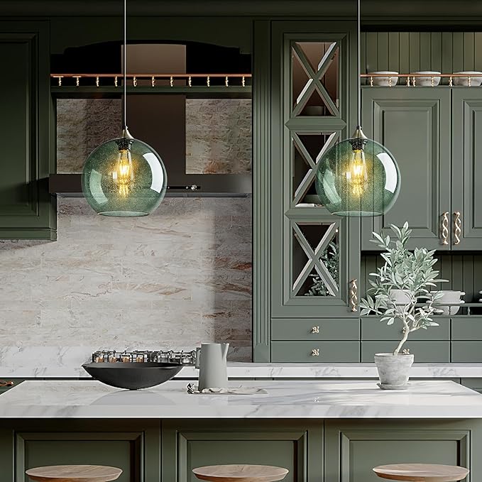 Gray Green Glass Pendant Lights Kitchen Island Lighting Globe Pendant Light Fixtures Modern Pendant Lighting for Kitchen Island Bedroom Living Dining Room Light Fixture(9.84in, 1-Pack)