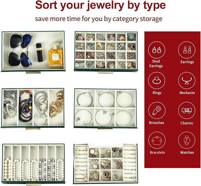 BOOVO Jewelry Box with Necklace Hanger – 6 layer Jewelry Organizer for Women with 5 Drawers, Large Jewelry Storage Boxes –Jewelry Organizers and Storage for Earrings, Necklaces (Green, 6 layer)