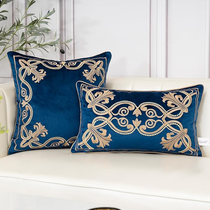 Aeckself European Floral Pillow Cover 16x16 Inch, Luxury Velvet Embroidered Decorative Throw Pillow Cover for Couch Bedroom Living Room, Navy Blue and Gold