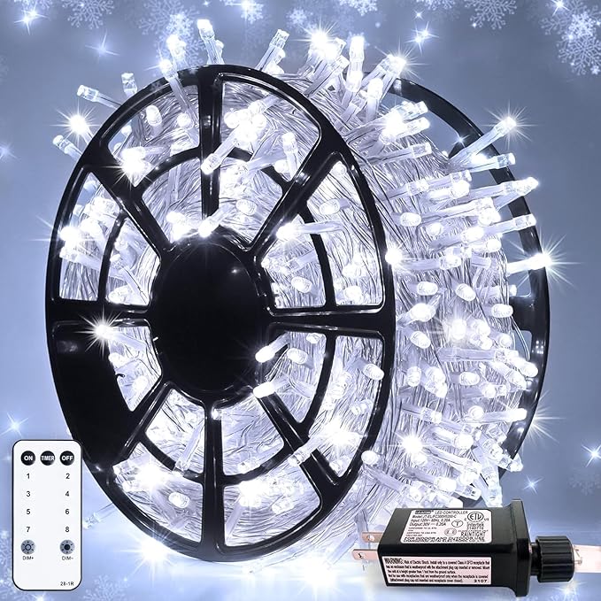 JMEXSUSS 500 LED White Christmas Lights, 8 Modes 163ft Waterproof Christmas Light Outdoor Plug in with Remote Control, Clear Wire String Lights for Tree Outside Yard Wedding Decorations