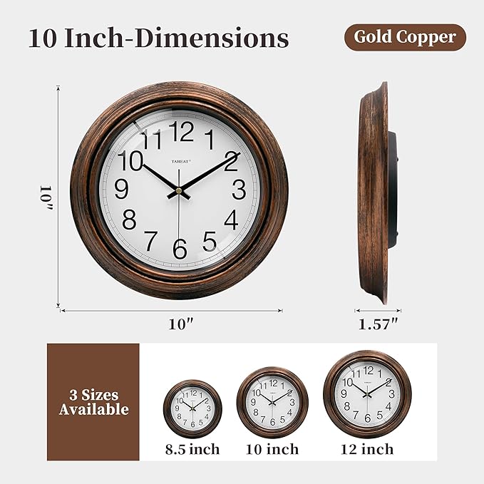 TAHEAT Vintage Gold Copper Wall Clock, Silent Non Ticking Battery Operated Round Wall Clock Decorative for Kitchen Living Room Bedroom Office, 10 Inch