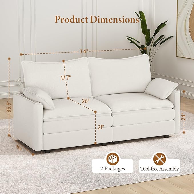 Vesgantti 74" Loveseat Sofa for Living Room, Comfy Cloud Couch Deep Seat Chenille Modern 2 Seater Small Sofa with Armrest Pillow, Easy Assembly for Small Spaces, Snow White