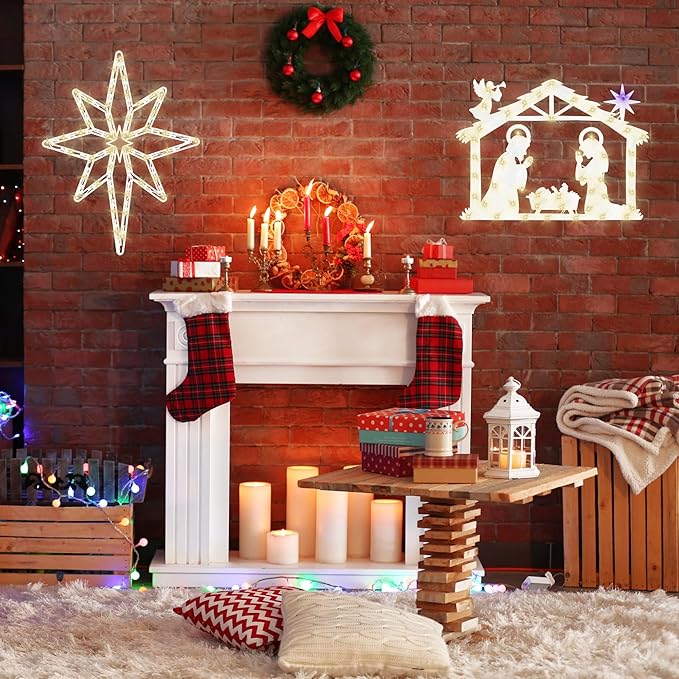 Christmas Decorations 17" Christmas Window Silhouette Lights - 2 Pack Nativity Scene with Lights ＆ Lighted Bethlehem Star for Holiday Indoor and Outdoor Wall Door Window Decorate
